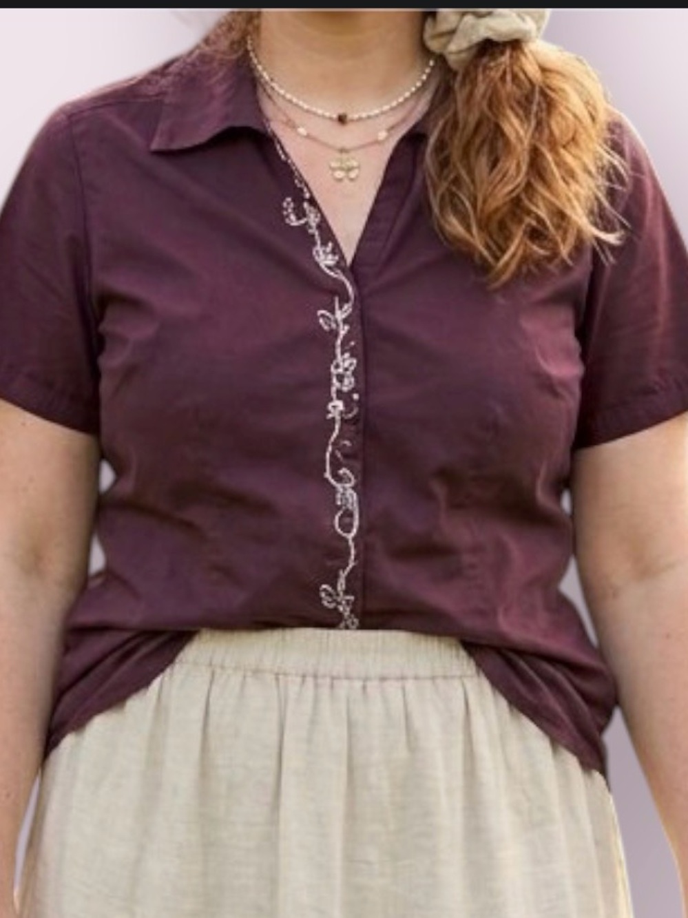 Hand Embroidered One of a Kind Purple Short Sleeve Button Up Top Size 14